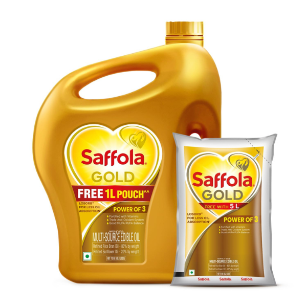Saffola Gold Refined Oil, 5L (Get 1 L Pouch Free)