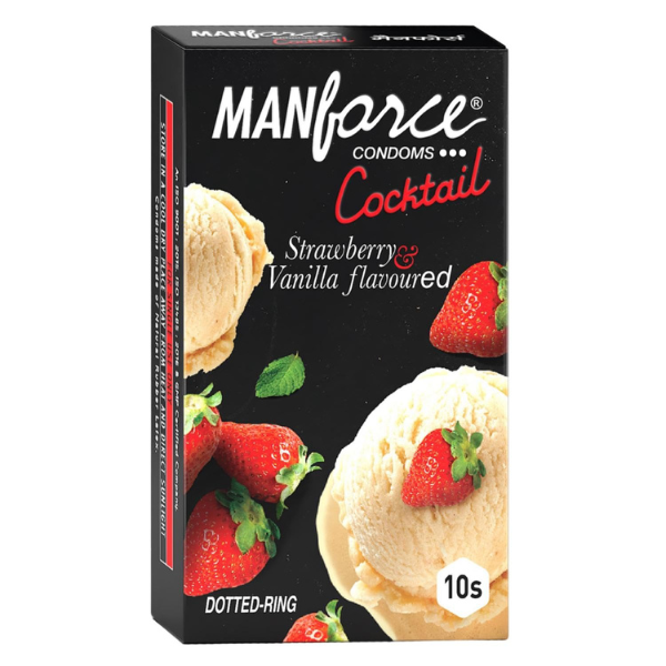 Manforce Cocktail Condoms with Dotted-Rings, Strawberry & Vanilla Flavoured 10 Pieces