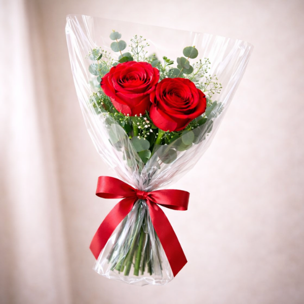 2 Red Rose Bouquet with Plastic Wrap & Ribbon - 1 Unit