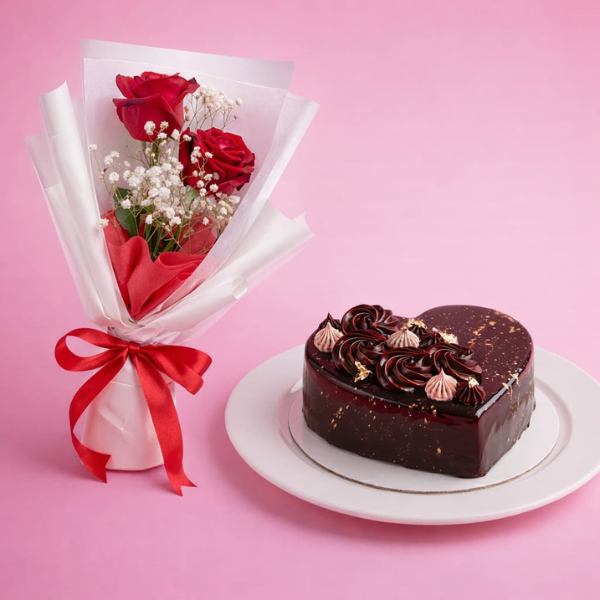 Red Rose Bouquet with Heart Chocolate Cake For Valentine