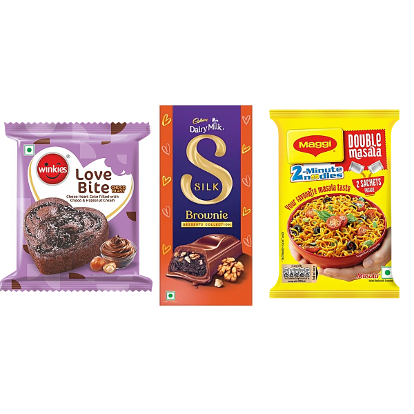 Treat Combo - Love Bite , Dairy Milk Silk Desserts Brownie Chocolate , Maggi