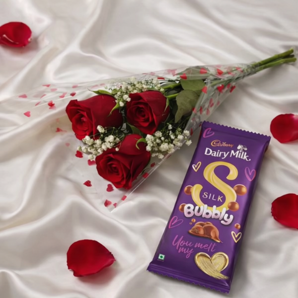 Valentine Special 3 Red Rose & Cadbury Dairy Milk Bubbly Milk Chocolate Bar 112 g