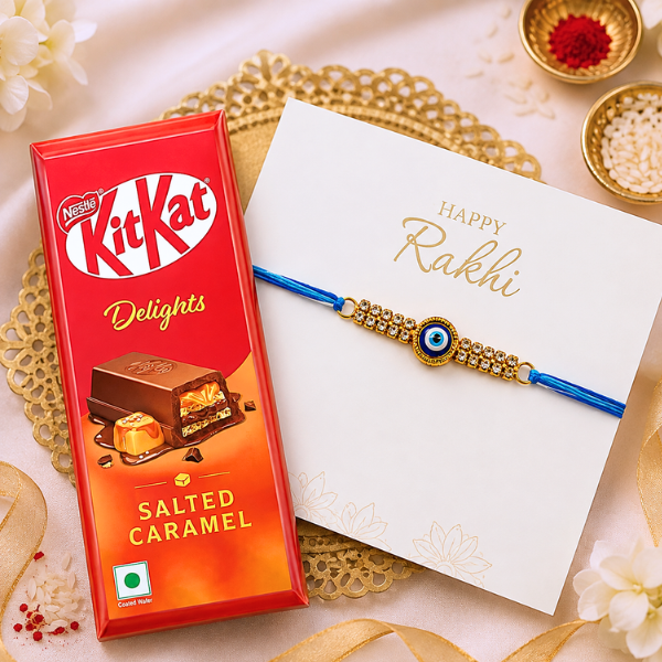 Blue Evil Eye Rakhi With KitKat Salted Caramel Combo