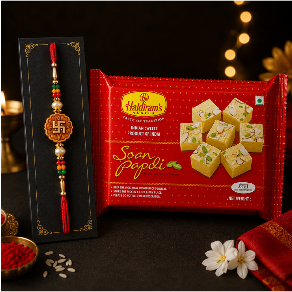 Shubh Swastik Rakhi With Haldiram Soan Papdi Combo