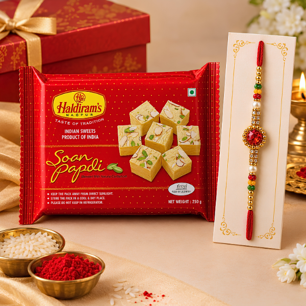 Red Stone Rakhi With Haldiram Soan Papdi Combo