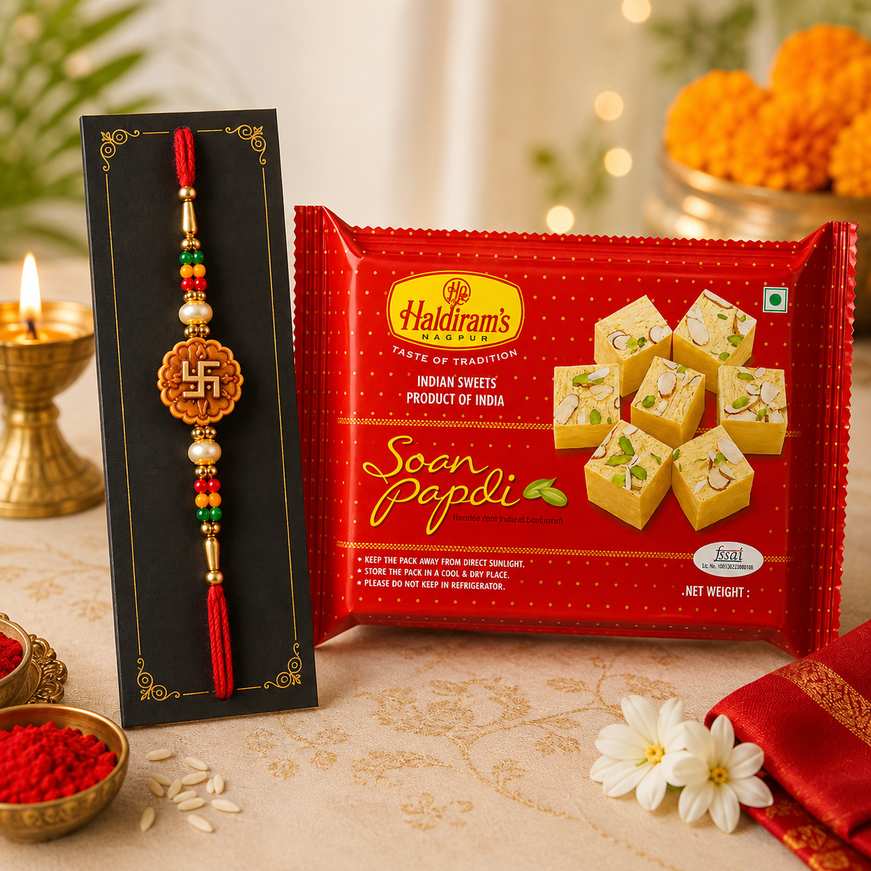 Shubh Swastik Rakhi With Haldiram Soan Papdi Combo